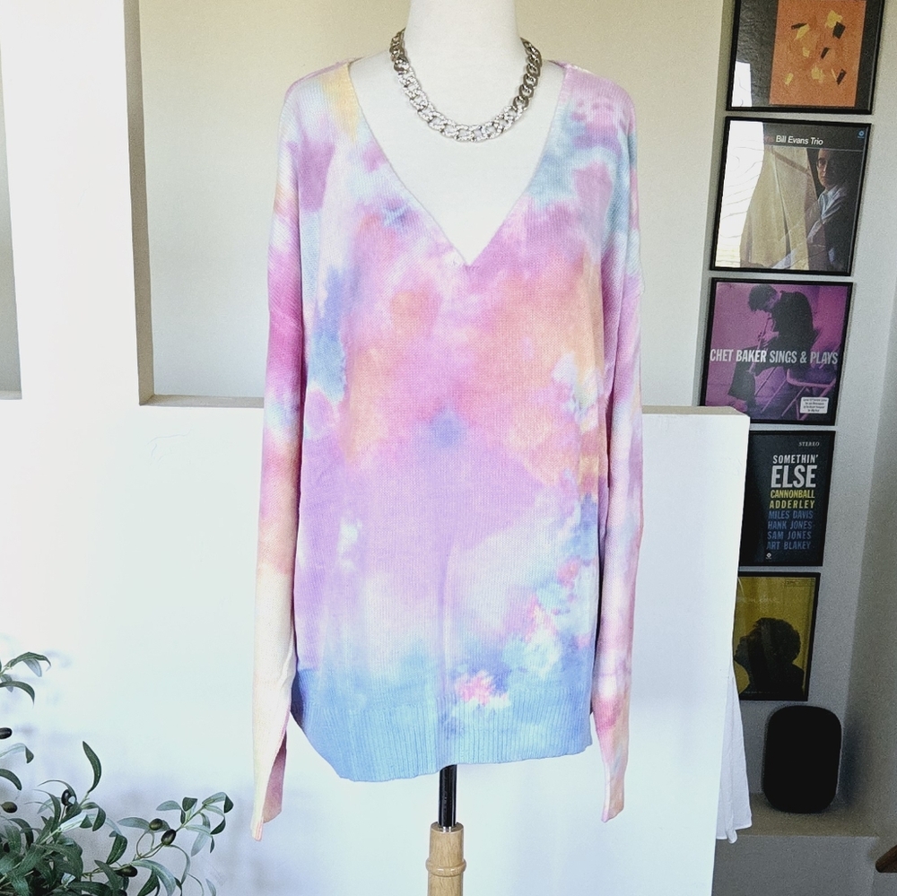 DAVI & DANI Pastel Tie-Dye V-neck Sweater 3XL